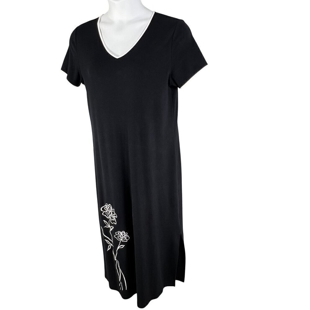 Talbots Womens M Black Maxi Dress Floral Embroidery Short Sleeve V-Neck Hippie - Picture 7 of 13